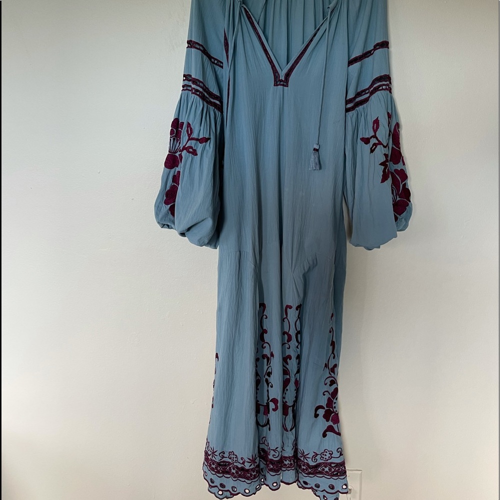 Free People Light Blue Maxi Dress with Burgundy Embroidery